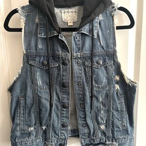 Denim Vest with Pop Button Closure with Black Hood